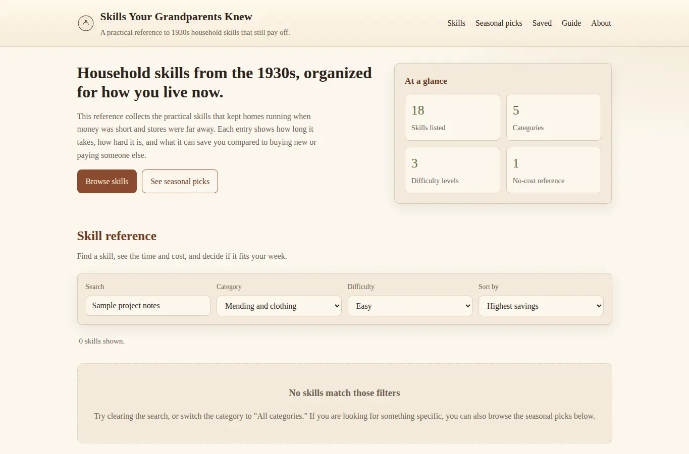 Screenshot of Skills Your Grandparents Knew interface showing the project page in use